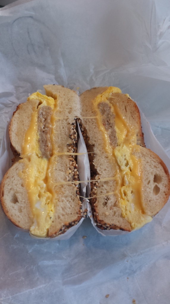 Egg, cheese, and sausage sandwich on an everything bagel. Sheer perfection!
